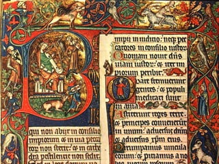 Historiated initials from the
Psalter of Saint Louis (c.1270-1274)
• Historiated initials from the Psalter of Saint Louis, an illuminated psalter created for
the saint King Louis IX of France c.1270-1274.
Psautier dit de saint Louis, MS Latin 10525, Paris, Bibliothèque nationale de France.
• F. 085v, Psalm 1:1, initial B[eatus vir], David et Bethsabée ; David priant
• F. 141v, Psalm 52:1, initial D[ixit insipiens in cordo suo], David priant ; deux hommes
luttant
• F. 156v, Psalm 68:2, initial S[alvum me fac Deus], David priant ; David dans les
eaux.
• F. 175r, Psalm 80:1, initial E[xultate Deo adjutari nostro], David priant ; musicien.
• F. 210r, Psalm 109:1, initial D[ixit Dominus domino meo], David priant ; la Trinité.
• http://gallica.bnf.fr/ark:/12148/btv1b8447877n/f184.image
• http://gallica.bnf.fr/ark:/12148/btv1b8447877n/f296.item.r=Psautier
• http://gallica.bnf.fr/ark:/12148/btv1b8447877n/f326.item.r=Psautier
 