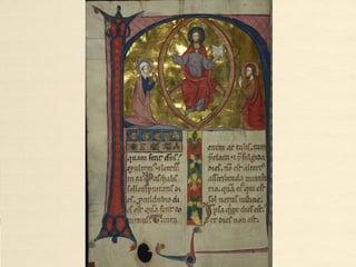 Historiated initial 'B' from the
Peterborough Psalter (c.1300-1318)
• In the initial B[eatus vir], King David is shown playing the harp, accompanied
by two other musicians, a dog and a heron, opening of Psalm 1 from the
Peterborough Psalter (c.1300-1318) now in Brussels.
Ms 9961-9962, Peterborough Psalter, Bibliotheque Royale, Brussels.
• http://www.english.cam.ac.uk/medieval/zoom.php?id=105
• http://www.english.cam.ac.uk/medieval/images/PETERBO2.jpg
• http://armourinart.com/mm/media/cache/original/1056-5_large.jpg
 