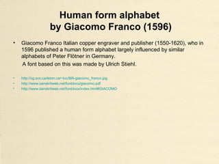 Human form alphabet
by Giacomo Franco (1596)
• Giacomo Franco Italian copper engraver and publisher (1550-1620), who in
1596 published a human form alphabet largely influenced by similar
alphabets of Peter Flötner in Germany.
A font based on this was made by Ulrich Stiehl.
• http://cg.scs.carleton.ca/~luc/MA-giacomo_franco.jpg
• http://www.sanskritweb.net/fontdocs/giacomo.pdf
• http://www.sanskritweb.net/fontdocs/index.html#GIACOMO
 