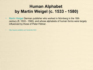 Human Alphabet
by Martin Weigel (c. 1533 - 1580)
• Martin Weigel German publisher who worked in Nürnberg in the 16th
century (fl. 1533 - 1580), and whose alphabets of human forms were largely
influenced by those of Peter Flötner.
• http://cg.scs.carleton.ca/~luc/erotic.html
 