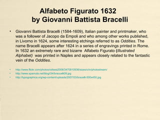 Alfabeto Figurato 1632
by Giovanni Battista Bracelli
• Giovanni Battista Bracelli (1584-1609), Italian painter and printmaker, who
was a follower of Jacopo da Empoli and who among other works published,
in Livorno in 1624, some interesting etchings referred to as Oddities. The
name Bracelli appears after 1624 in a series of engravings printed in Rome.
In 1632 an extremely rare and bizarre Alfabeto Figurato (Illustrated
Alphabet) was printed in Naples and appears closely related to the fantastic
vein of the Oddities.
• http://www.flickr.com/photos/odisea2008/3470810936/sizes/o/in/photostream/
• http://www.spamula.net/blog/i34/braccelli09.jpg
• http://typographica.org/wp-content/uploads/2007/03/bracelli-500x450.jpg
 