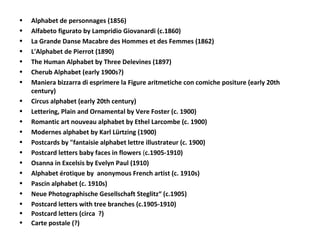• Alphabet de personnages (1856)
• Alfabeto figurato by Lampridio Giovanardi (c.1860)
• La Grande Danse Macabre des Hommes et des Femmes (1862)
• L'Alphabet de Pierrot (1890)
• The Human Alphabet by Three Delevines (1897)
• Cherub Alphabet (early 1900s?)
• Maniera bizzarra di esprimere la Figure aritmetiche con comiche positure (early 20th
century)
• Circus alphabet (early 20th century)
• Lettering, Plain and Ornamental by Vere Foster (c. 1900)
• Romantic art nouveau alphabet by Ethel Larcombe (c. 1900)
• Modernes alphabet by Karl Lürtzing (1900)
• Postcards by "fantaisie alphabet lettre illustrateur (c. 1900)
• Postcard letters baby faces in flowers (c.1905-1910)
• Osanna in Excelsis by Evelyn Paul (1910)
• Alphabet érotique by anonymous French artist (c. 1910s)
• Pascin alphabet (c. 1910s)
• Neue Photographische Gesellschaft Steglitz“ (c.1905)
• Postcard letters with tree branches (c.1905-1910)
• Postcard letters (circa ?)
• Carte postale (?)
 