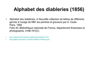 Alphabet des diableries (1856)
• Alphabet des diableries, in Nouvelle collection de lettres de différents
genres à l'usage de MM. les peintres et graveurs par A. Caulo.
Paris, 1856
Folio 45, Bibliothèque nationale de France, département Estampes et
photographie, 4-KB-101(C).
• http://classes.bnf.fr/dossiecr/atelier/grand/sq06-15.htm
• http://gallica.bnf.fr/ark:/12148/btv1b84547144/f45.zoom
 