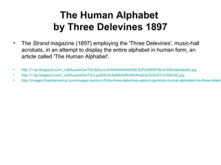 The Human Alphabet
by Three Delevines 1897
• The Strand magazine (1897) employing the 'Three Delevines', music-hall
acrobats, in an attempt to display the entire alphabet in human form, an
article called 'The Human Alphabet'.
• http://1.bp.blogspot.com/_vzEAuazt42w/TQ-QZwJ-LdI/AAAAAAAAA5E/lUPUb86DY9c/s1600/alphabet2.jpg
• http://1.bp.blogspot.com/_vzEAuazt42w/TQ-LypS0G3I/AAAAAAAAA5A/wj2vjnGGnDY/s1600/rt2.jpg
• http://images.fineartamerica.com/images-medium-5/the-three-delevines-satanic-gambols-human-alphabet-the-three-delevi
 