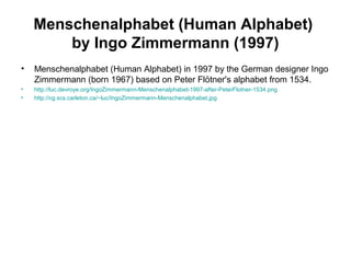Menschenalphabet (Human Alphabet)
by Ingo Zimmermann (1997)
• Menschenalphabet (Human Alphabet) in 1997 by the German designer Ingo
Zimmermann (born 1967) based on Peter Flötner's alphabet from 1534.
• http://luc.devroye.org/IngoZimmermann-Menschenalphabet-1997-after-PeterFlotner-1534.png
• http://cg.scs.carleton.ca/~luc/IngoZimmermann-Menschenalphabet.jpg
 