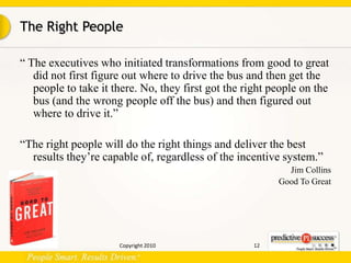 The Right People<br />“ The executives who initiated transformations from good to great did not first figure out where to ...