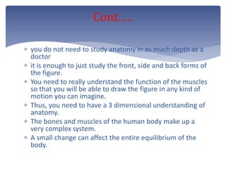  you do not need to study anatomy in as much depth as a
doctor
 it is enough to just study the front, side and back forms of
the figure.
 You need to really understand the function of the muscles
so that you will be able to draw the figure in any kind of
motion you can imagine.
 Thus, you need to have a 3 dimensional understanding of
anatomy.
 The bones and muscles of the human body make up a
very complex system.
 A small change can affect the entire equilibrium of the
body.
Cont.….
 