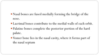 Nasal bones are fused medially forming the bridge of the
nose.
Lacrimal bones contribute to the medial walls of each orbit.
Palatine bones complete the posterior portion of the hard
palate.
Vomer bone lies in the nasal cavity, where it forms part of
the nasal septum
 