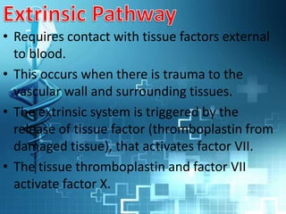 • Requires contact with tissue factors external
to blood.
• This occurs when there is trauma to the
vascular wall and surrounding tissues.
• The extrinsic system is triggered by the
release of tissue factor (thromboplastin from
damaged tissue), that activates factor VII.
• The tissue thromboplastin and factor VII
activate factor X.
 