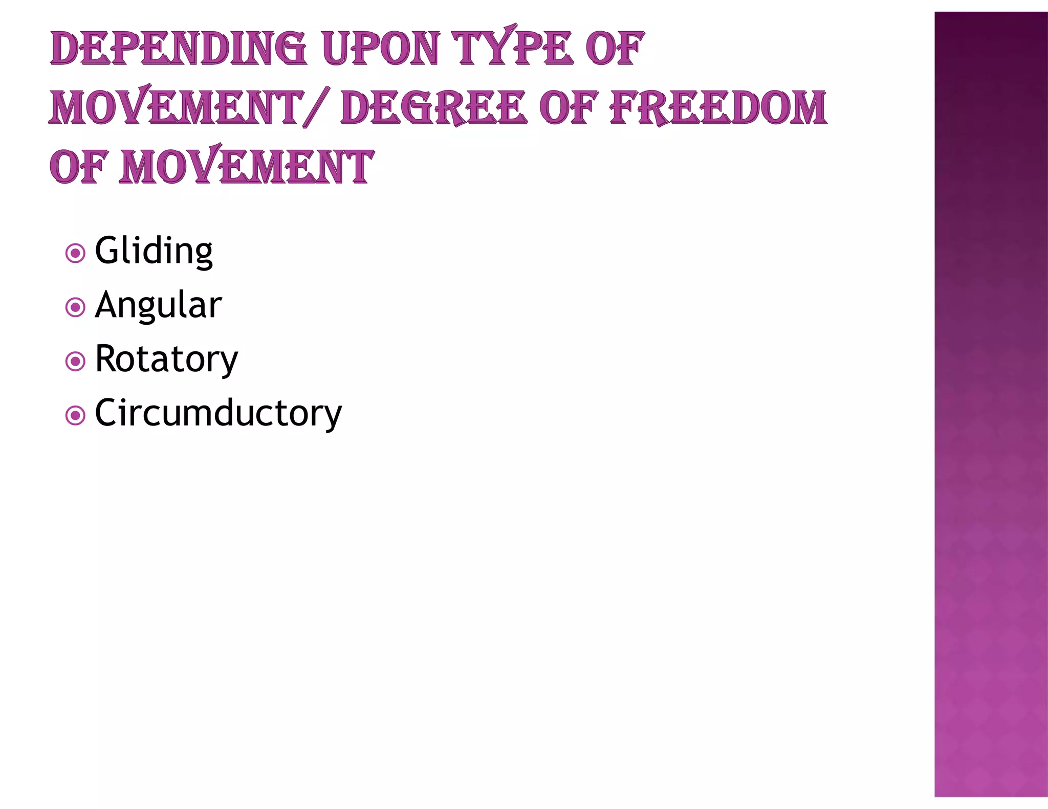  Gliding
 Angular
 Rotatory
 Circumductory
 