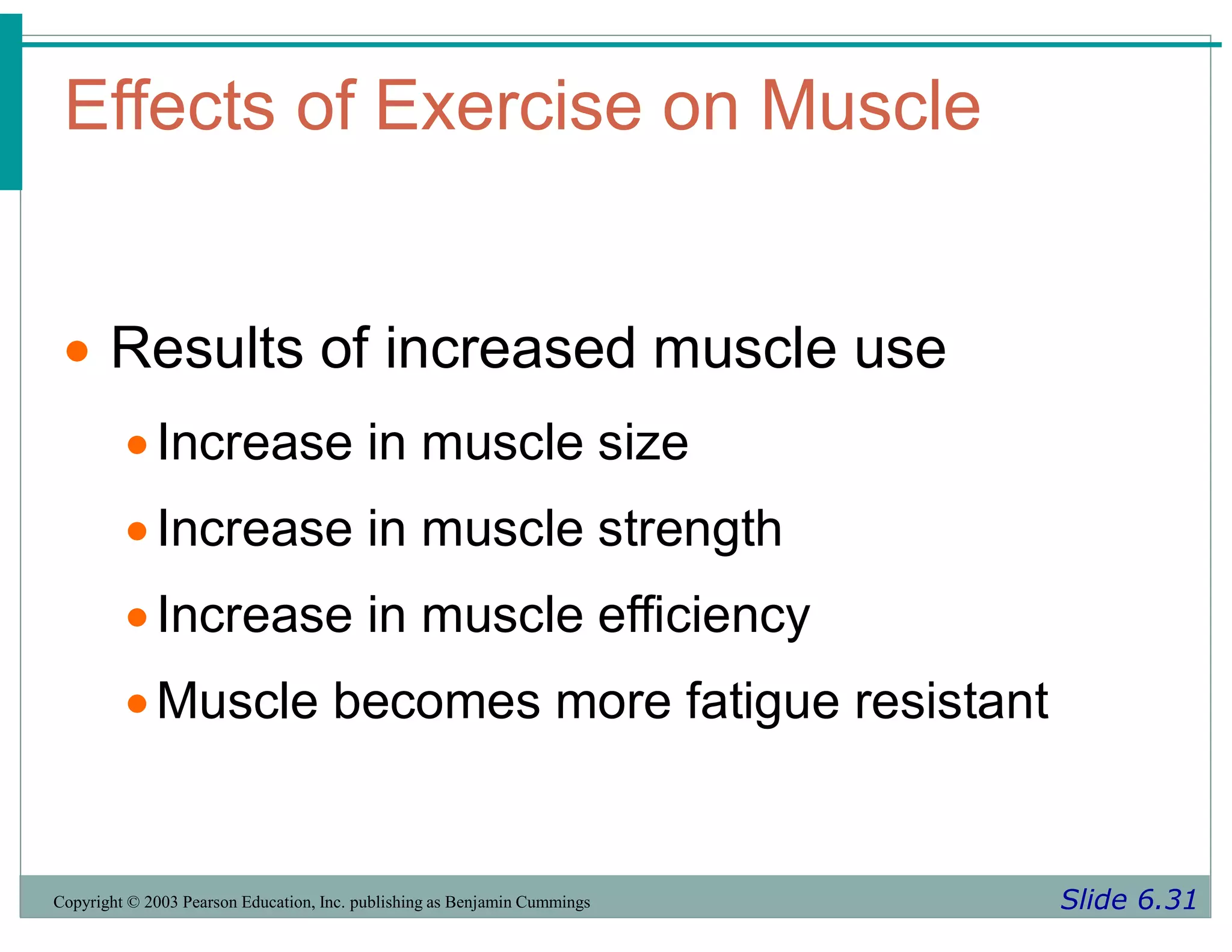 Effects of Exercise on Muscle
Slide 6.31
Copyright © 2003 Pearson Education, Inc. publishing as Benjamin Cummings
 Results of increased muscle use
Increase in muscle size
Increase in muscle strength
Increase in muscle efficiency
Muscle becomes more fatigue resistant
 