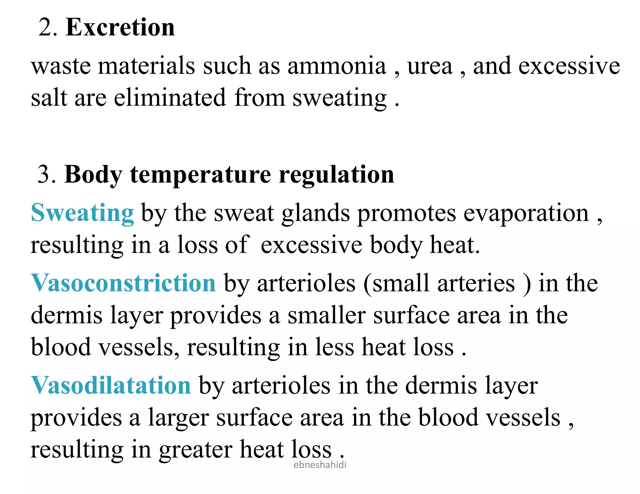 2. Excretion
waste materials such as ammonia , urea , and excessive
salt are eliminated from sweating .
3. Body temperature regulation
Sweating by the sweat glands promotes evaporation ,
resulting in a loss of excessive body heat.
Vasoconstriction by arterioles (small arteries ) in the
dermis layer provides a smaller surface area in the
blood vessels, resulting in less heat loss .
Vasodilatation by arterioles in the dermis layer
provides a larger surface area in the blood vessels ,
resulting in greater heat loss .
ebneshahidi
 