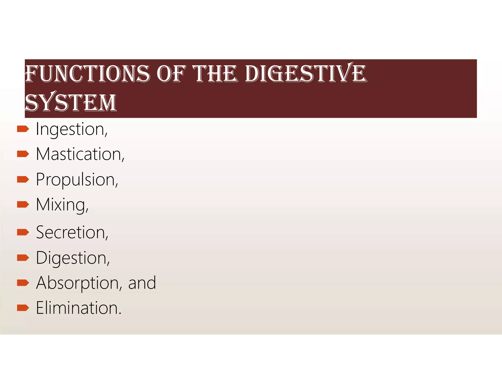 funCtIonS of thE DIGEStIVE
SyStEm
 Ingestion,
 Mastication,
 Propulsion,
 Mixing,
 Secretion,
 Digestion,
 Absorption, and
 Elimination.
 