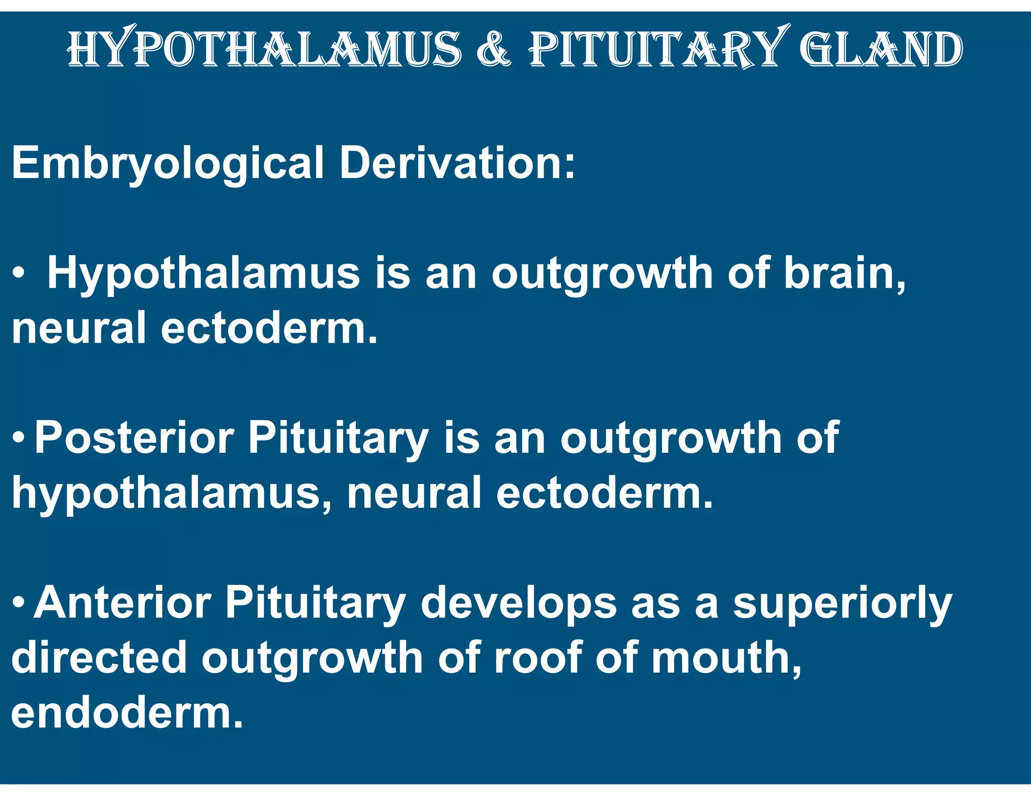 HyPotHalamUs & PitUitary gland
Embryological Derivation:
• Hypothalamus is an outgrowth of brain,
neural ectoderm.
• Posterior Pituitary is an outgrowth of
hypothalamus, neural ectoderm.
• Anterior Pituitary develops as a superiorly
directed outgrowth of roof of mouth,
endoderm.
 