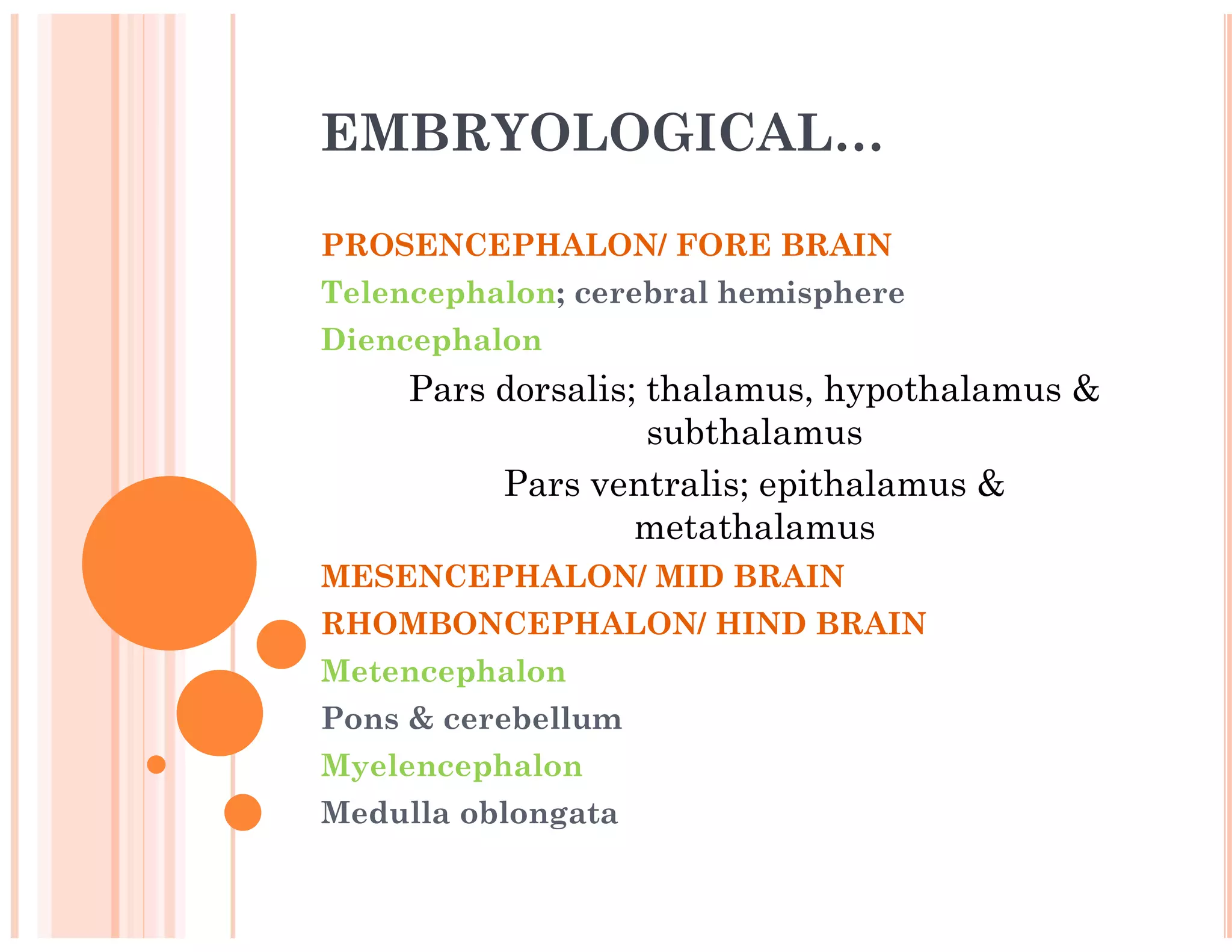 EMBRYOLOGICAL…
PROSENCEPHALON/ FORE BRAIN
Telencephalon; cerebral hemisphere
Diencephalon
Pars dorsalis; thalamus, hypothalamus &
subthalamus
Pars ventralis; epithalamus &
metathalamus
MESENCEPHALON/ MID BRAIN
RHOMBONCEPHALON/ HIND BRAIN
Metencephalon
Pons & cerebellum
Myelencephalon
Medulla oblongata
 