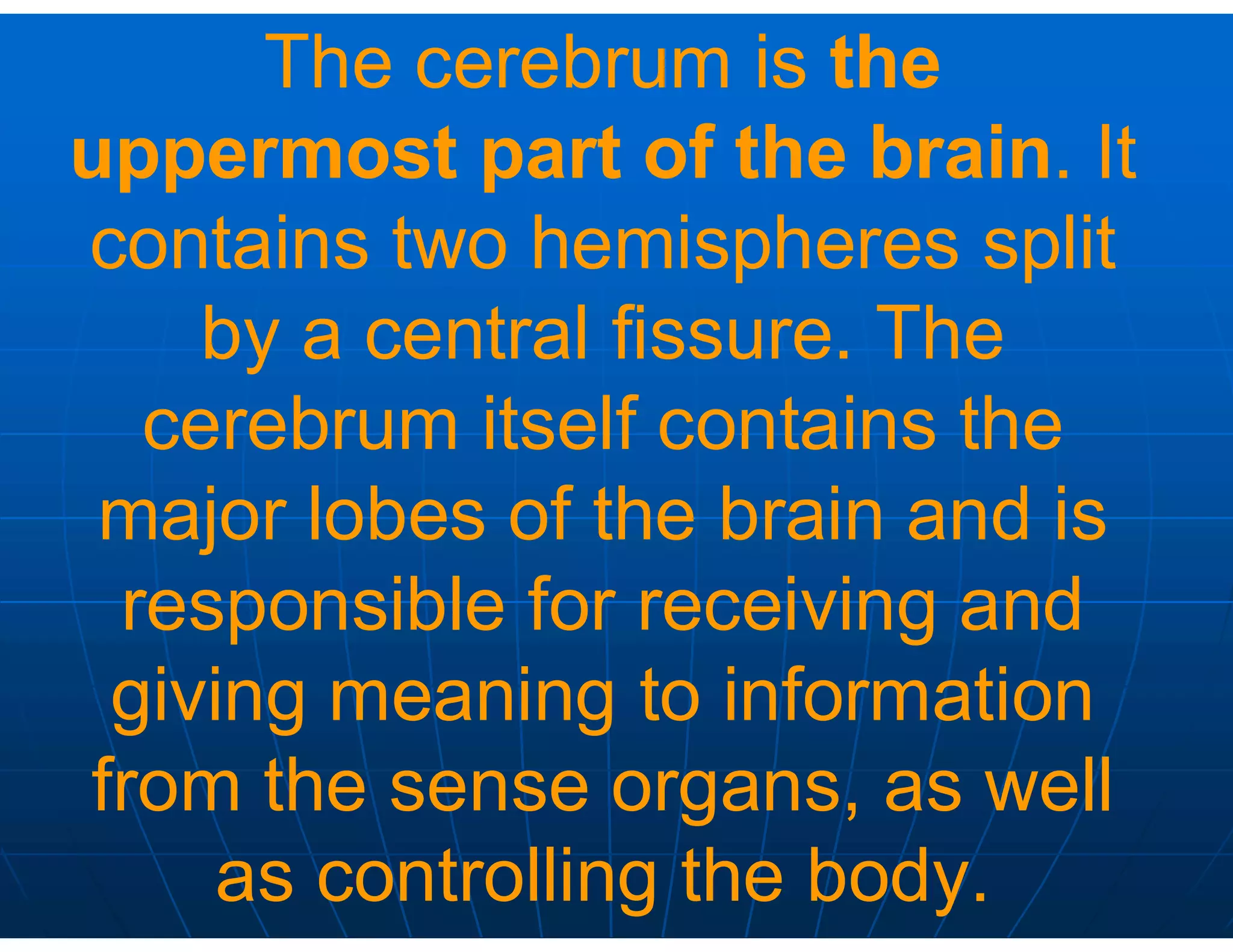 The cerebrum is the
uppermost part of the brain. It
contains two hemispheres split
by a central fissure. The
cerebrum itself contains the
major lobes of the brain and is
responsible for receiving and
giving meaning to information
from the sense organs, as well
as controlling the body.
 