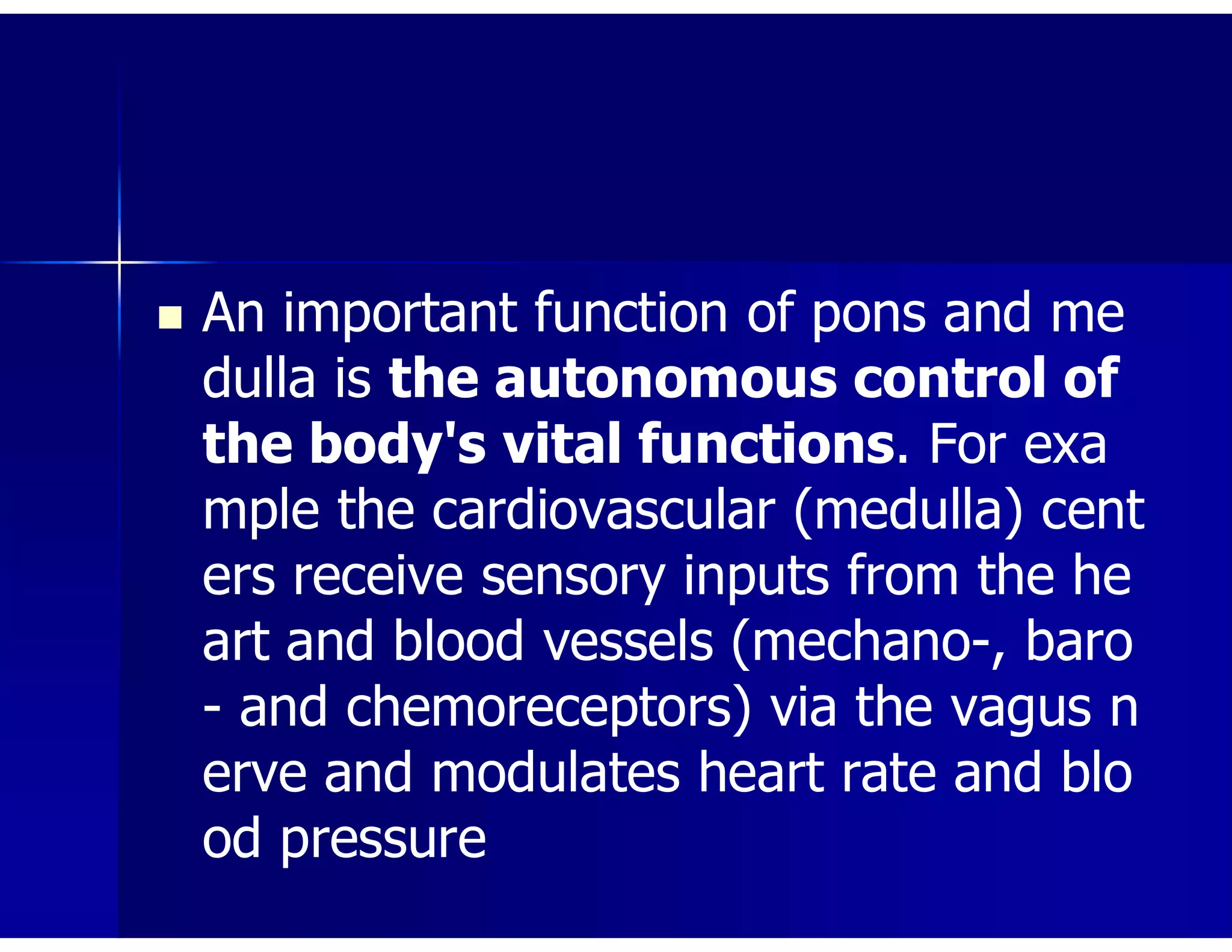  An important function of pons and me
dulla is the autonomous control of
the body's vital functions. For exa
mple the cardiovascular (medulla) cent
ers receive sensory inputs from the he
art and blood vessels (mechano-, baro
- and chemoreceptors) via the vagus n
erve and modulates heart rate and blo
od pressure
 