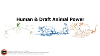 Human & Draft Animal Power
BULACAN AGRICULTURAL STATE COLLEGE
Course code & title: AGEN 100 – Basic Farm Machineries and Farm Mechanization
Prepared by: Engr. Vincent S. Dangan, Professional Agricultural Engineer
 