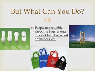 
But What Can You Do?
People use reusable
shopping bags, energy
efficient light bulbs and
appliances, etc.