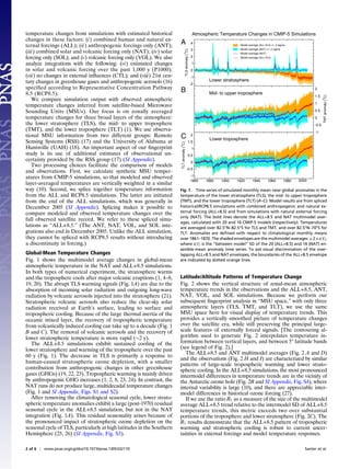 temperature changes from simulations with estimated historical
changes in these factors: (i) combined human and natural ex-
ternal forcings (ALL); (ii) anthropogenic forcings only (ANT);
(iii) combined solar and volcanic forcing only (NAT); (iv) solar
forcing only (SOL); and (v) volcanic forcing only (VOL). We also
analyze integrations with the following: (vi) estimated changes
in solar and volcanic forcing over the past 1,000 y (P1000);
(vii) no changes in external inﬂuences (CTL); and (viii) 21st cen-
tury changes in greenhouse gases and anthropogenic aerosols (16)
speciﬁed according to Representative Concentration Pathway
8.5 (RCP8.5).
We compare simulation output with observed atmospheric
temperature changes inferred from satellite-based Microwave
Sounding Units (MSUs). Our focus is on zonally averaged
temperature changes for three broad layers of the atmosphere:
the lower stratosphere (TLS), the mid- to upper troposphere
(TMT), and the lower troposphere (TLT) (1). We use observa-
tional MSU information from two different groups: Remote
Sensing Systems (RSS) (17) and the University of Alabama at
Huntsville (UAH) (18). An important aspect of our ﬁngerprint
study is its use of additional estimates of observational un-
certainty provided by the RSS group (17) (SI Appendix).
Two processing choices facilitate the comparison of models
and observations. First, we calculate synthetic MSU temper-
atures from CMIP-5 simulations, so that modeled and observed
layer-averaged temperatures are vertically weighted in a similar
way (10). Second, we splice together temperature information
from the ALL and RCP8.5 simulations. The latter are initiated
from the end of the ALL simulations, which was generally in
December 2005 (SI Appendix). Splicing makes it possible to
compare modeled and observed temperature changes over the
full observed satellite record. We refer to these spliced simu-
lations as “ALL+8.5.” (The ANT, NAT, VOL, and SOL inte-
grations also end in December 2005. Unlike the ALL simulation,
they cannot be spliced with RCP8.5 results without introducing
a discontinuity in forcing.)
Global-Mean Temperature Changes
Fig. 1 shows the multimodel average changes in global-mean
atmospheric temperature in the NAT and ALL+8.5 simulations.
In both types of numerical experiment, the stratosphere warms
and the troposphere cools after major volcanic eruptions (1, 4–8,
19, 20). The abrupt TLS warming signals (Fig. 1A) are due to the
absorption of incoming solar radiation and outgoing long-wave
radiation by volcanic aerosols injected into the stratosphere (21).
Stratospheric volcanic aerosols also reduce the clear-sky solar
radiation received at Earth’s surface, leading to surface and
tropospheric cooling. Because of the large thermal inertia of the
oceanic mixed layer, the recovery of tropospheric temperature
from volcanically induced cooling can take up to a decade (Fig. 1
B and C). The removal of volcanic aerosols and the recovery of
lower stratospheric temperature is more rapid (∼2 y).
The ALL+8.5 simulations exhibit sustained cooling of the
lower stratosphere and warming of the troposphere over the past
60 y (Fig. 1). The decrease in TLS is primarily a response to
human-caused stratospheric ozone depletion, with a smaller
contribution from anthropogenic changes in other greenhouse
gases (GHGs) (19, 22, 23). Tropospheric warming is mainly driven
by anthropogenic GHG increases (1, 2, 8, 23, 24). In contrast, the
NAT runs do not produce large, multidecadal temperature changes
(Fig. 1 and SI Appendix, Figs. S1 and S2).
After removing the climatological seasonal cycle, lower strato-
spheric temperature anomalies exhibit a large (post-1970) residual
seasonal cycle in the ALL+8.5 simulation, but not in the NAT
integration (Fig. 1A). This residual seasonality arises because of
the pronounced impact of stratospheric ozone depletion on the
seasonal cycle of TLS, particularly at high latitudes in the Southern
Hemisphere (25, 26) (SI Appendix, Fig. S3).
Latitude/Altitude Patterns of Temperature Change
Fig. 2 shows the vertical structure of zonal-mean atmospheric
temperature trends in the observations and the ALL+8.5, ANT,
NAT, VOL, and SOL simulations. Because we perform our
subsequent ﬁngerprint analysis in “MSU space,” with only three
atmospheric layers (TLS, TMT, and TLT), we use the same
MSU space here for visual display of temperature trends. This
provides a vertically smoothed picture of temperature changes
over the satellite era, while still preserving the principal large-
scale features of externally forced signals. [The contouring al-
gorithm used to generate Fig. 2 interpolates temperature in-
formation between vertical layers, and between 58 latitude bands
(see legend of Fig. 2).]
The ALL+8.5 and ANT multimodel averages (Fig. 2 A and D)
and the observations (Fig. 2 H and I) are characterized by similar
patterns of large-scale tropospheric warming and lower strato-
spheric cooling. In the ALL+8.5 simulations, the most pronounced
intermodel differences in temperature trends are in the vicinity of
the Antarctic ozone hole (Fig. 2B and SI Appendix, Fig. S4), where
internal variability is large (10), and there are appreciable inter-
model differences in historical ozone forcing (27).
If we use the ratio R1 as a measure of the size of the multimodel
average ALL+8.5 trend relative to the intermodel SD of ALL+8.5
temperature trends, this metric exceeds two over substantial
portions of the troposphere and lower stratosphere (Fig. 2C). The
R1 results demonstrate that the ALL+8.5 pattern of tropospheric
warming and stratospheric cooling is robust to current uncer-
tainties in external forcings and model temperature responses.
-2
-1
0
1
2
3
4
TLSanomaly(
o
C)
A
Lower stratosphere
Atmospheric Temperature Changes in CMIP-5 Simulations
-1
-0.5
0
0.5
1
1.5
2
TMTanomaly(
o
C)
B Mid- to upper troposphere
Model average (ALL+8.5) +/- 2 sigma
Model average (NAT) +/- 2 sigma
Model average (NAT)
Model average (ALL+8.5)
1860 1880 1900 1920 1940 1960 1980 2000
-1
-0.5
0
0.5
1
1.5
2
TLTanomaly(
o
C)
C Lower troposphere
Fig. 1. Time series of simulated monthly mean near-global anomalies in the
temperature of the lower stratosphere (TLS), the mid- to upper troposphere
(TMT), and the lower troposphere (TLT) (A–C). Model results are from spliced
historical/RCP8.5 simulations with combined anthropogenic and natural ex-
ternal forcing (ALL+8.5) and from simulations with natural external forcing
only (NAT). The bold lines denote the ALL+8.5 and NAT multimodel aver-
ages, calculated with 20 and 16 CMIP-5 models (respectively). Temperatures
are averaged over 82.5°N–82.5°S for TLS and TMT, and over 82.5°N–70°S for
TLT. Anomalies are deﬁned with respect to climatological monthly means
over 1861–1870. The shaded envelopes are the multimodel averages ± 2 × sðtÞ,
where sðtÞ is the “between model” SD of the 20 (ALL+8.5) and 16 (NAT) en-
semble-mean anomaly time series. To aid visual discrimination of the over-
lapping ALL+8.5 and NAT envelopes, the boundaries of the ALL+8.5 envelope
are indicated by dotted orange lines.
2 of 6 | www.pnas.org/cgi/doi/10.1073/pnas.1305332110 Santer et al.
 
