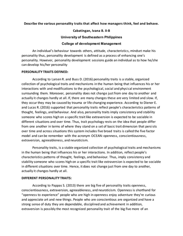 describe the various personality traits that affect managers think ...