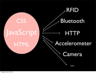 RFID
                         CSS     Bluetooth

          JavaScript               HTTP
                         HTML   Accelerometer
                                  Camera
                                     ...
Thursday, June 3, 2010
 