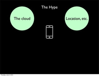 The Hype

                         The cloud              Location, etc.



                                      o

Thursday, June 3, 2010
 