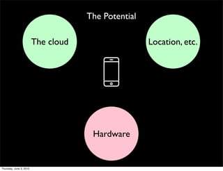 The Potential

                         The cloud                   Location, etc.



                                        o
                                      Hardware


Thursday, June 3, 2010
 