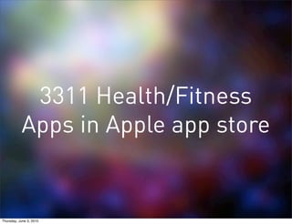 3311 Health/Fitness
           Apps in Apple app store


Thursday, June 3, 2010
 
