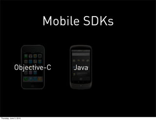 Mobile SDKs


              Objective-C    Java




Thursday, June 3, 2010
 