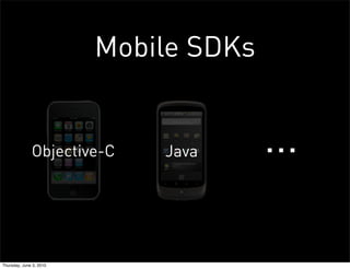 Mobile SDKs


              Objective-C    Java      ...

Thursday, June 3, 2010
 
