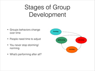 Stages of Group
Development
•

Groups behaviors change
over time

•

People need time to adjust

•

You never stop storming/
norming

•

What’s performing after all?

 