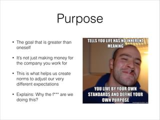 Purpose
•

The goal that is greater than
oneself

•

It’s not just making money for
the company you work for

•

This is what helps us create
norms to adjust our very
different expectations

•

Explains: Why the f*** are we
doing this?

 