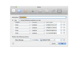 This is mine: 
1. Decide if this needs to be acted on now 
or later. 
2. If it takes less than 2 min. then do it 
now. 
3. Get what I need for other work, send 
what I need to send. 
4. Be quick but thorough. Pay attention to 
details. 
5. Quit mail app until ready for it again. 
 
