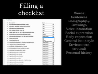 Filling a checklistWordsSentencesCalligraphy / DrawingsVoice intonationFacial expressionBody expressionGeneral look/styleEnvironment (around)Personal history