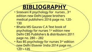 BIBLIOGRAPHY
• Sreevani R psychology for nurses , 3rd
edition new Delhi Jaypee brothers
medical publishers 2016 page no. 120-
130
• Bhatia MS Gaurav C.A Text book of
psychology for nurses 1st
edition new
Delhi CBS Publishers & distributers 2011
page no. 280 – 282
• Rao BS psychology for nurses 3rd
edition
new Delhi Elsevier India 2014 page no.
120 – 135
 