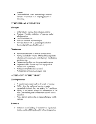 process
Green and black swirls intertwining = humanuniverse co creation as an ongoing process of
becoming
STRENGTH AND WEAKNESSES
Strengths
Differentiates nursing from other disciplines
Practice - Provides guidelines of care and useful
administration
Useful in Education
Provides research methodologies
Provides framework to guide inquiry of other
theories (grief, hope, laughter, etc.)
Weaknesses
Research considered to be in a “closed circle”
Rarely quantifiable results - Difficult to compare to
other research studies, no control group, standardized
questions, etc.
Does not utilized the nursing process/diagnoses
Negates the idea that each person engages in a
unique lived experience
Not accessible to the novice nurse
Not applicable to acute, emergent care
APPLICATION OF THE THEORY
Nursing Practice
A transformative approach to all levels of nursing
Differs from the traditional nursing process,
particularly in that it does not seek to “fix” problems
Ability to see patients perspective allows nurse to “be
with” patient and guide them toward desired health
outcomes
Nurse-person relationship cocreates changing health
patterns
Research
Enhances understanding of human lived experience,
health, quality of life and quality of nursing practice

 