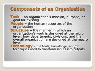 – an organization’s mission, purpose, or
goal for existing
– the human resources of the
organization
– the manner in which an
organization’s work is designed at the micro
level; how departments, divisions, and the
overall organization are designed at the macro
level
– the tools, knowledge, and/or
techniques used to transform inputs into outputs
 