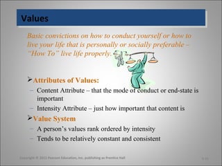 ValuesValues
Basic convictions on how to conduct yourself or how to
live your life that is personally or socially preferable –
“How To” live life properly.
Attributes of Values:
– Content Attribute – that the mode of conduct or end-state is
important
– Intensity Attribute – just how important that content is
Value System
– A person’s values rank ordered by intensity
– Tends to be relatively constant and consistent
Copyright © 2011 Pearson Education, Inc. publishing as Prentice Hall 5-15
 