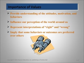 Importance of ValuesImportance of Values
 Provide understanding of the attitudes, motivation, and
behaviors
 Influence our perception of the world around us
 Represent interpretations of “right” and “wrong”
 Imply that some behaviors or outcomes are preferred
over others
Copyright © 2011 Pearson Education, Inc. publishing as Prentice Hall 5-17
 