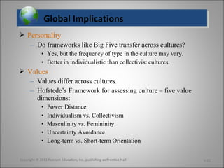 Global ImplicationsGlobal Implications
 Personality
– Do frameworks like Big Five transfer across cultures?
• Yes, but the frequency of type in the culture may vary.
• Better in individualistic than collectivist cultures.
 Values
– Values differ across cultures.
– Hofstede’s Framework for assessing culture – five value
dimensions:
• Power Distance
• Individualism vs. Collectivism
• Masculinity vs. Femininity
• Uncertainty Avoidance
• Long-term vs. Short-term Orientation
Copyright © 2011 Pearson Education, Inc. publishing as Prentice Hall 5-22
 