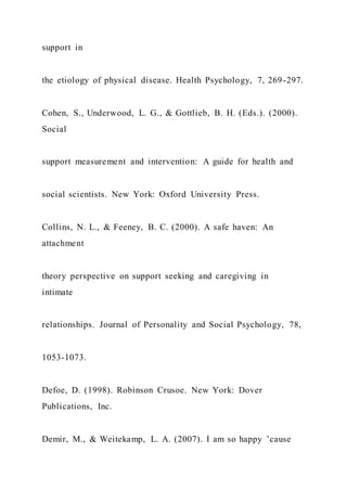 support in
the etiology of physical disease. Health Psychology, 7, 269-297.
Cohen, S., Underwood, L. G., & Gottlieb, B. H. (Eds.). (2000).
Social
support measurement and intervention: A guide for health and
social scientists. New York: Oxford University Press.
Collins, N. L., & Feeney, B. C. (2000). A safe haven: An
attachment
theory perspective on support seeking and caregiving in
intimate
relationships. Journal of Personality and Social Psychology, 78,
1053-1073.
Defoe, D. (1998). Robinson Crusoe. New York: Dover
Publications, Inc.
Demir, M., & Weitekamp, L. A. (2007). I am so happy ’cause
 
