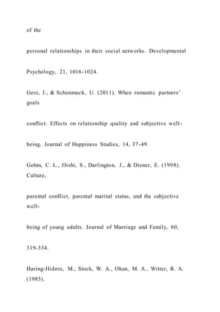 of the
personal relationships in their social networks. Developmental
Psychology, 21, 1016-1024.
Gere, J., & Schimmack, U. (2011). When romantic partners’
goals
conflict: Effects on relationship quality and subjective well -
being. Journal of Happiness Studies, 14, 37-49.
Gohm, C. L., Oishi, S., Darlington, J., & Diener, E. (1998).
Culture,
parental conflict, parental marital status, and the subjective
well-
being of young adults. Journal of Marriage and Family, 60,
319-334.
Haring-Hidore, M., Stock, W. A., Okun, M. A., Witter, R. A.
(1985).
 