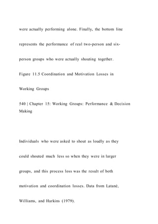 were actually performing alone. Finally, the bottom line
represents the performance of real two-person and six-
person groups who were actually shouting together.
Figure 11.5 Coordination and Motivation Losses in
Working Groups
540 | Chapter 15: Working Groups: Performance & Decision
Making
Individuals who were asked to shout as loudly as they
could shouted much less so when they were in larger
groups, and this process loss was the result of both
motivation and coordination losses. Data from Latané,
Williams, and Harkins (1979).
 