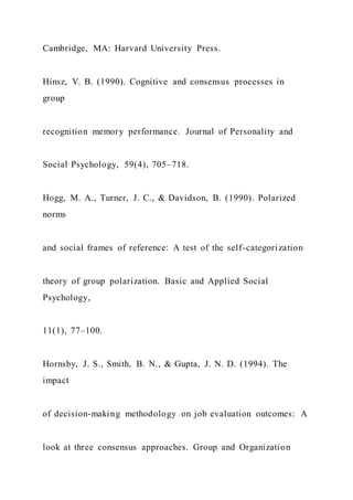 Cambridge, MA: Harvard University Press.
Hinsz, V. B. (1990). Cognitive and consensus processes in
group
recognition memory performance. Journal of Personality and
Social Psychology, 59(4), 705–718.
Hogg, M. A., Turner, J. C., & Davidson, B. (1990). Polarized
norms
and social frames of reference: A test of the self-categorization
theory of group polarization. Basic and Applied Social
Psychology,
11(1), 77–100.
Hornsby, J. S., Smith, B. N., & Gupta, J. N. D. (1994). The
impact
of decision-making methodology on job evaluation outcomes: A
look at three consensus approaches. Group and Organization
 