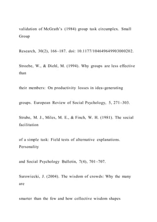 validation of McGrath’s (1984) group task circumplex. Small
Group
Research, 30(2), 166–187. doi: 10.1177/104649649903000202.
Stroebe, W., & Diehl, M. (1994). Why groups are less effective
than
their members: On productivity losses in idea-generating
groups. European Review of Social Psychology, 5, 271–303.
Strube, M. J., Miles, M. E., & Finch, W. H. (1981). The social
facilitation
of a simple task: Field tests of alternative explanations.
Personality
and Social Psychology Bulletin, 7(4), 701–707.
Surowiecki, J. (2004). The wisdom of crowds: Why the many
are
smarter than the few and how collective wisdom shapes
 