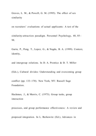 Graves, L. M., & Powell, G. M. (1995). The effect of sex
similarity
on recruiters’ evaluations of actual applicants: A test of the
similarity-attraction paradigm. Personnel Psychology, 48, 85–
98.
Gurin, P., Peng, T., Lopez, G., & Nagda, B. A. (1999). Context,
identity,
and intergroup relations. In D. A. Prentice & D. T. Miller
(Eds.), Cultural divides: Understanding and overcoming group
conflict (pp. 133–170). New York, NY: Russell Sage
Foundation.
Hackman, J., & Morris, C. (1975). Group tasks, group
interaction
processes, and group performance effectiveness: A review and
proposed integration. In L. Berkowitz (Ed.), Advances in
 