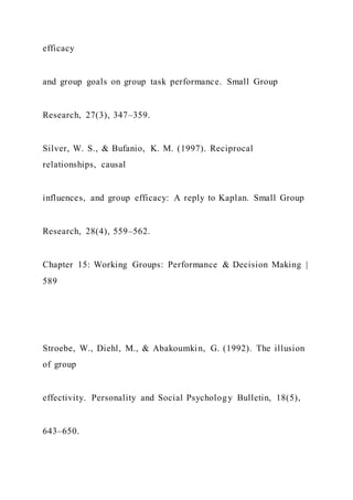 efficacy
and group goals on group task performance. Small Group
Research, 27(3), 347–359.
Silver, W. S., & Bufanio, K. M. (1997). Reciprocal
relationships, causal
influences, and group efficacy: A reply to Kaplan. Small Group
Research, 28(4), 559–562.
Chapter 15: Working Groups: Performance & Decision Making |
589
Stroebe, W., Diehl, M., & Abakoumkin, G. (1992). The illusion
of group
effectivity. Personality and Social Psychology Bulletin, 18(5),
643–650.
 