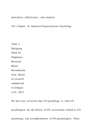 motivation, effectiveness, and retention.
652 | Chapter 18: Industrial/Organizational Psychology
Table 2.
Designing
Work for
Happiness:
Research
Based
Recommenda
tions. Based
on research
summarized
in Erdogan
et al., 2012.
We have now reviewed what I/O psychology is, what I/O
psychologists do, the history of I/O, associations related to I/O
psychology, and accomplishments of I/O psychologists. Those
 