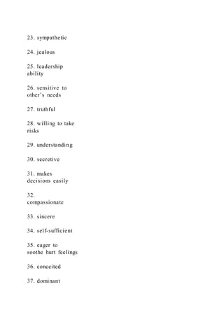23. sympathetic
24. jealous
25. leadership
ability
26. sensitive to
other’s needs
27. truthful
28. willing to take
risks
29. understanding
30. secretive
31. makes
decisions easily
32.
compassionate
33. sincere
34. self-sufficient
35. eager to
soothe hurt feelings
36. conceited
37. dominant
 